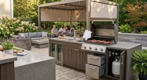 Built in liquid propane 4 burner gas grill setup in a modern outdoor kitchen island perfect for backyard entertaining.