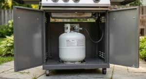 Under cabinet view of a twenty pound propane tank connected to a outdoor gas grill.