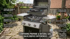An illustration comparing propane tank connections and natural gas line hookups for a 3 burner gas grill.