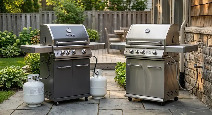 Propane vs natural gas grill side by side comparison showing a portable propane tank next to a direct natural gas line hookup.