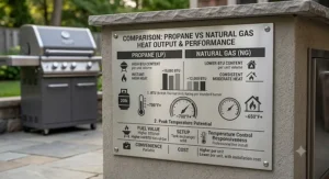 Comparison chart showing BTU heat output and temperature capabilities of propane vs natural gas grills.