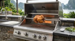 Integrated motorized rotisserie spit roasting chicken inside a high-end premium gas grill.