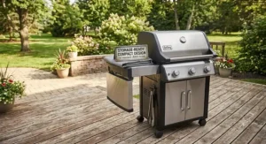 An illustration showcasing a compact 3 burner grill under 400 dollars with its side shelves folded down for easy storage on a small patio.