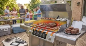 A modern smart gas grill for a large family featuring Wi-Fi connectivity and digital meat probes for monitoring big batches of food.