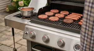 Close up of a premium stainless steel 4 burner gas grill showing the control knobs and spacious primary cooking grates.