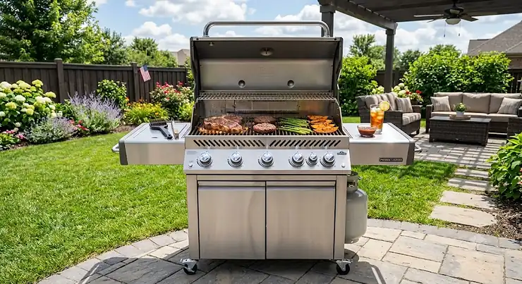 Stainless steel 5 burner gas grill with the lid open on a sunny backyard patio