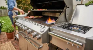 Close-up of a premium stainless steel 6 burner gas grill featuring an ignited sear burner and side burner.