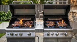 Steaks searing over high flame burners on a gas grill showing heat distribution.
