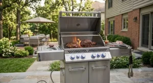 Four-burner convertible natural gas grill with open lid on a residential deck