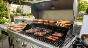 Burgers and hot dogs warming on the upper rack of a 4 burner gas grill during a summer BBQ