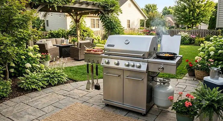 Stainless steel 4 burner gas grill with side burner set up on a suburban backyard patio