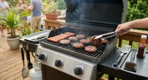 Affordable three-burner gas grill under $300 cooking hamburger patties and hot dogs at a summer cookout.