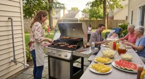 Family hosting a backyard summer barbecue while cooking food on a natural gas grill under $500.
