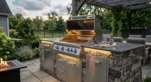 Evening view of a backyard outdoor kitchen showing a lit built-in grill and under-counter lights.