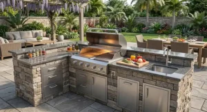 Spacious backyard patio featuring a built-in natural gas grill with granite countertops and stone veneer.