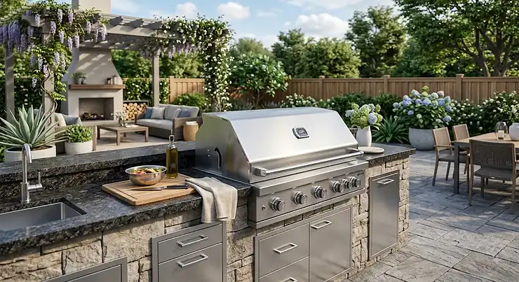 High-end stainless steel best built-in gas grill installed in a modern outdoor kitchen island with granite countertops.
