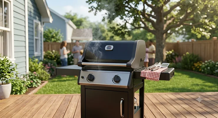 Top-rated gas grill under $300 set up on a wooden patio deck during a backyard BBQ.