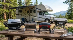 Side-by-side comparison of top-rated compact and folding portable grills for RV camping.