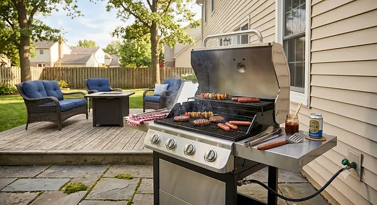 Stainless steel natural gas grill under $500 featured on a suburban backyard patio with food cooking on the grates.