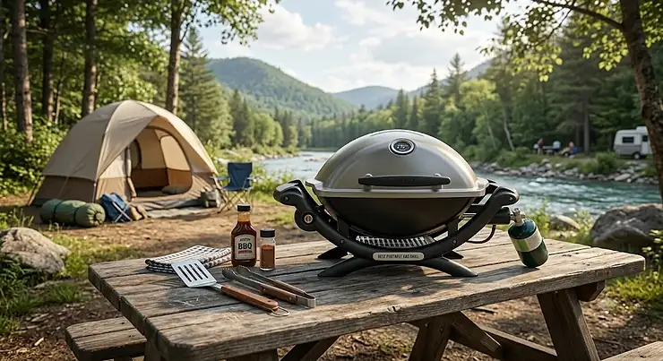 A tabletop best portable gas grill set up on a wooden picnic table at a scenic campsite.