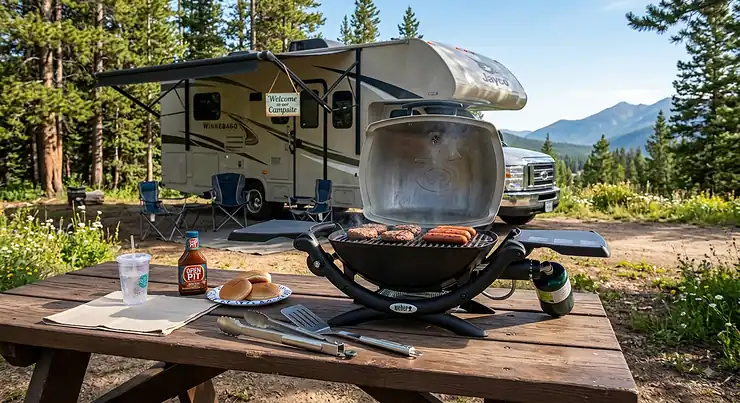 Compact tabletop propane grill set up on a picnic table outside a motorhome at a scenic campsite, showcasing the best portable grill for RV travel.