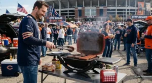 Sizzling beef burgers and hot dogs cooking on a portable propane grill at a tailgate party