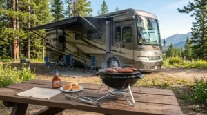 Compact tabletop grill with collapsible legs set up beside a Class A motorhome for outdoor cooking.