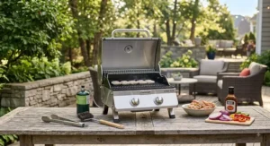 Sleek tabletop gas grill set up on a wooden patio table ready for backyard barbecuing