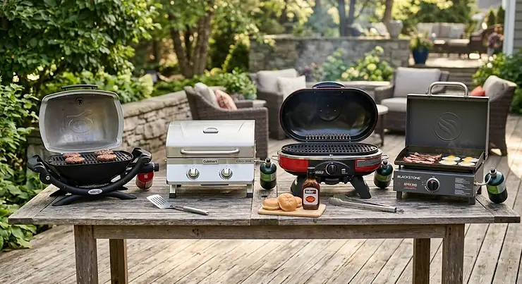 Top-rated portable gas grills lined up for a comparative tabletop test on an outdoor patio deck best tabletop gas grill