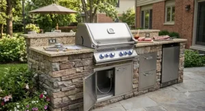 Built-in convertible natural gas grill integrated into a stone outdoor kitchen island