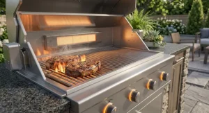 Thick ribeye steaks cooking over a high-heat infrared sear zone on a top-rated built-in gas grill.
