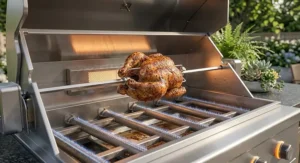 Built-in gas grill featuring an infrared rear rotisserie burner searing a whole chicken on a spit rod.
