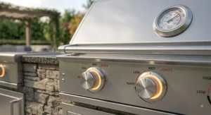 Detailed shot of LED-lit control knobs and precise hood temperature gauge on a best built-in gas grill model.