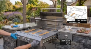 Diagram showing proper drip tray removal and maintenance for a built-in grill insert.