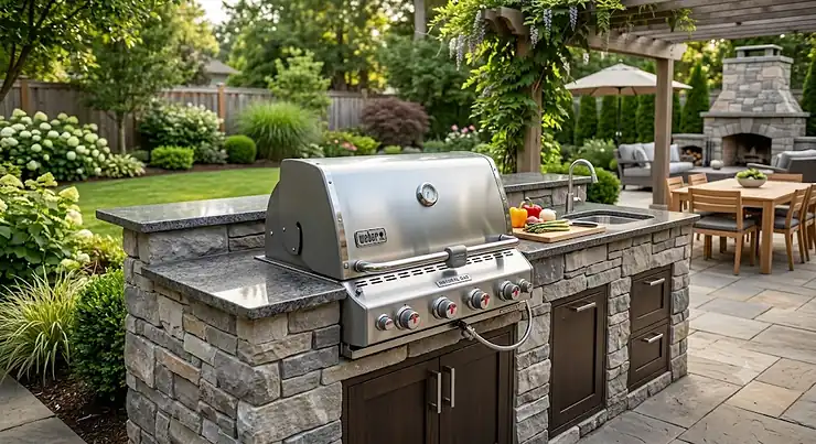 Built-in stainless steel natural gas grill installed in a modern stone outdoor kitchen island.