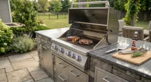Premium built-in BBQ grill with infrared sear burner grilling steaks in an outdoor kitchen.