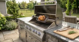 Close-up of a built-in grill with rotisserie attachment and hood open on an outdoor kitchen island.