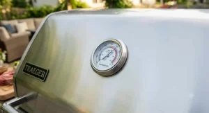 Close-up of temperature gauge on the closed stainless steel hood of a 4 burner gas grill