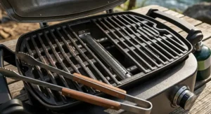 Detailed view of heavy-duty cast iron grates on a high performance portable gas grill.