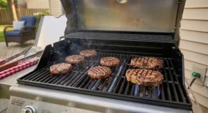 Porcelain-enameled cast iron cooking grates inside a natural gas grill with burgers and steak sear marks.