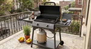 Compact two-burner propane gas grill under $300 with side shelves for small patio spaces.