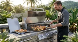 Chef grilling gourmet cheeseburgers while using the side burner of a gas grill to warm buns