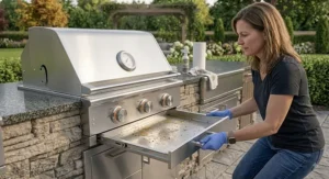 Homeowner pulling out the easy-clean slide-out drip tray of a stainless steel built-in gas grill for maintenance.