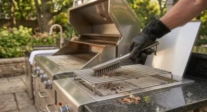 Hand brushing food debris off stainless steel grates over an infrared side burner on a BBQ grill