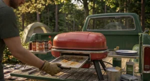 Person removing a slide-out grease tray from a portable gas grill for easy campsite cleanup.