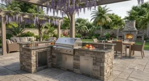 Compact natural gas grill for a small outdoor kitchen space on a suburban backyard patio.