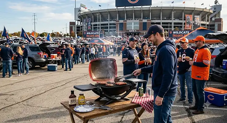 Compact portable grill set up on a parking lot table outside a football stadium for tailgating