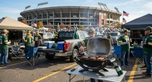 Tailgaters cooking burgers on a compact portable gas grill in a football stadium parking lot.