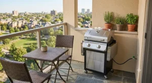 Compact 2-burner natural gas grill with foldable side shelves suitable for small outdoor patio spaces.