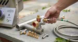 Connecting a flexible natural gas supply hose to a convertible grill manifold fitting